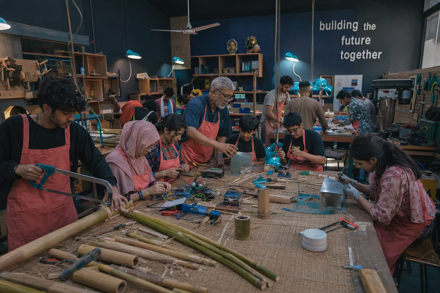 A facilitator and multigenerational group prototyping with bamboo, hand tools, copper tape, and small electronic components around a bright fabrication table